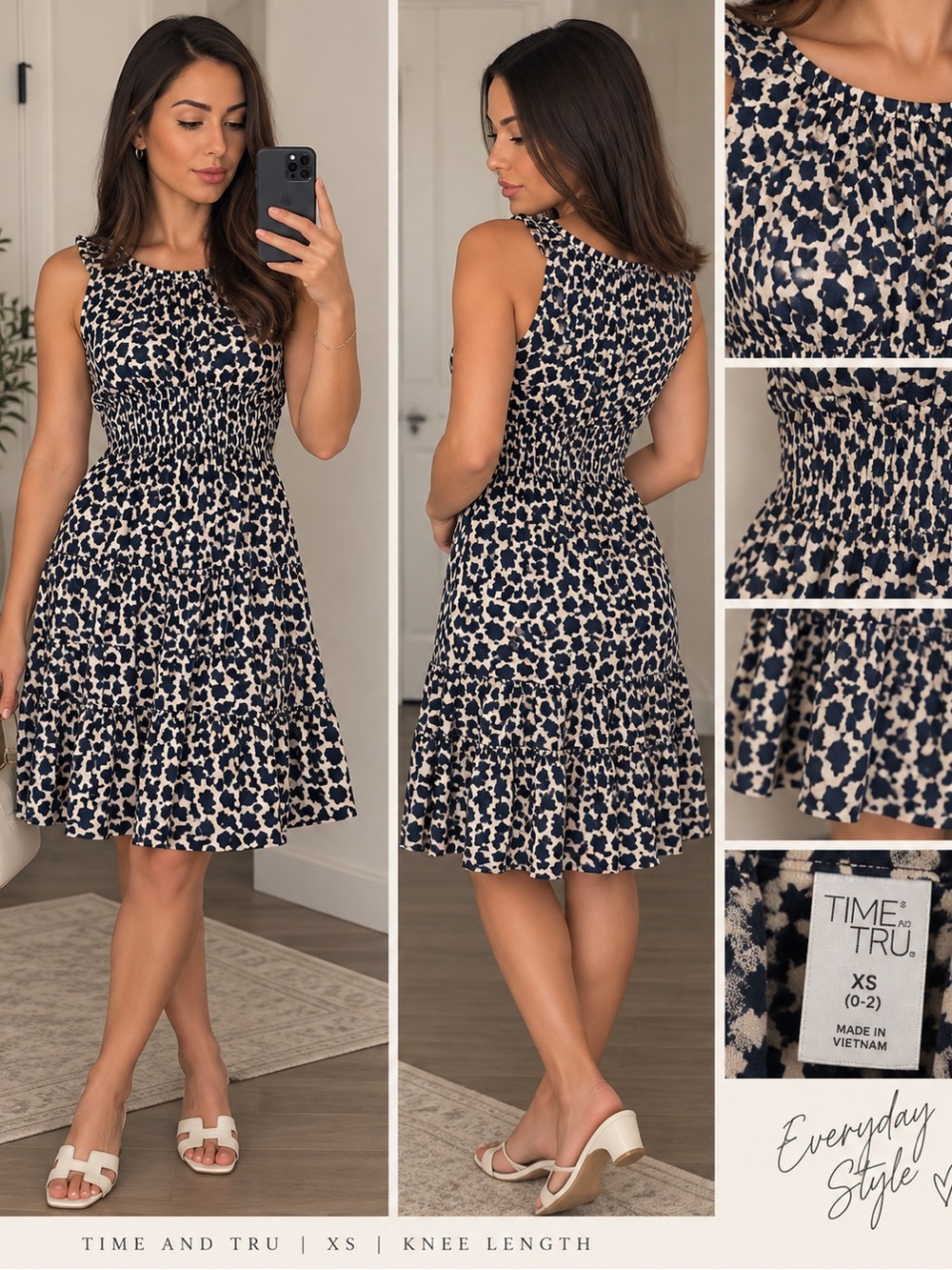 Time and Tru Navy and Cream Smocked Waist Sleeveless Dress